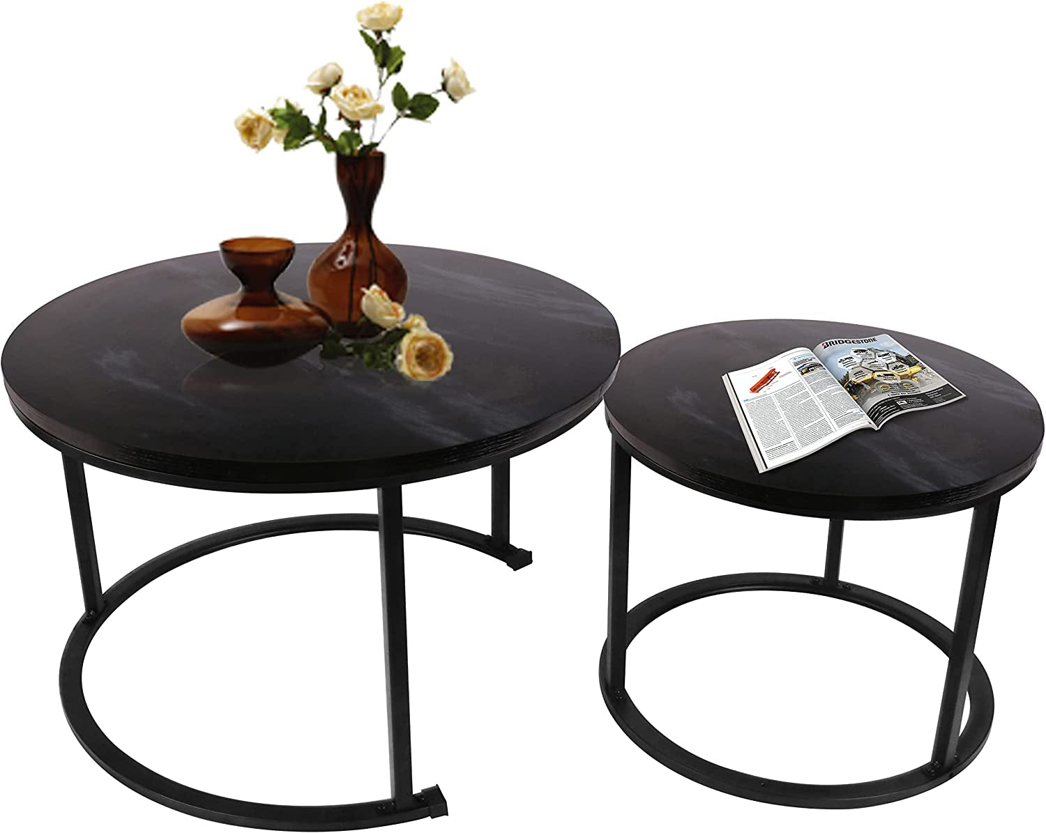 Small round Nesting Coffee Table 27" Wood and Metal Stacking Coffee Tables for Compact Spaces, Black/White