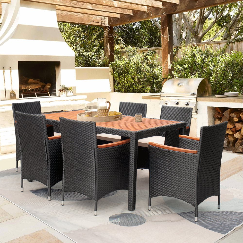 7 Pieces Outdoor Patio Dining Set with PE Rattan Wicker Dining Table and Chairs Acacia Wood Tabletop, Curved Wood Armrest Chairs with Cushions