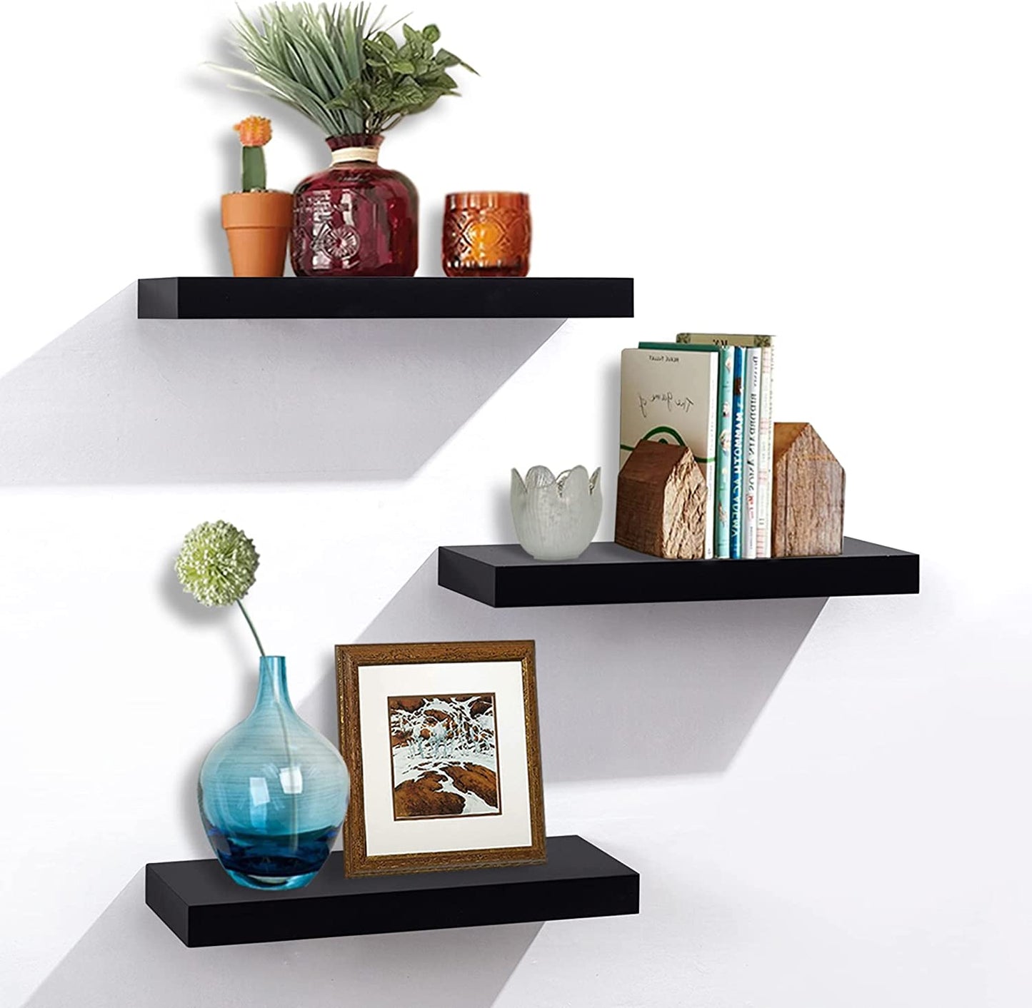 Black Floating Shelves Wall Display Ledge Shelf, Perfect for Bedroom, Bathroom, Living Room and Kitchen Storage, Set of 3, 5.9" Deep