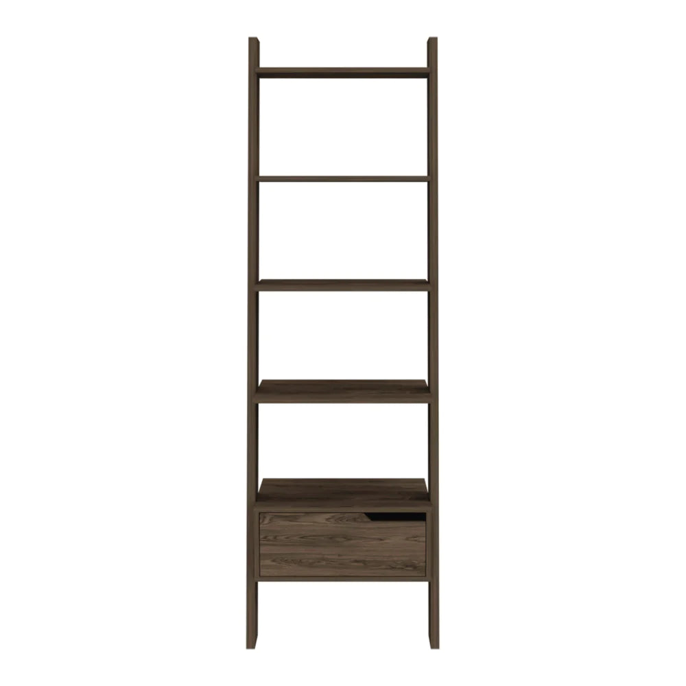 Ladder Bookcase Bull, One Drawer, Five Open Shelves, Dark Walnut Finish