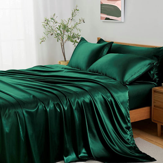 4Pcs Blackish Green Twin Sheet Sets with Body Pillow Cover, Silky Satin Sheet Set, Luxury Bedding Set, Breathable & Ultra Soft Bed Sheet Set Includes 1 Fitted Sheet, 1 Flat Sheet, 2 Pillowcases