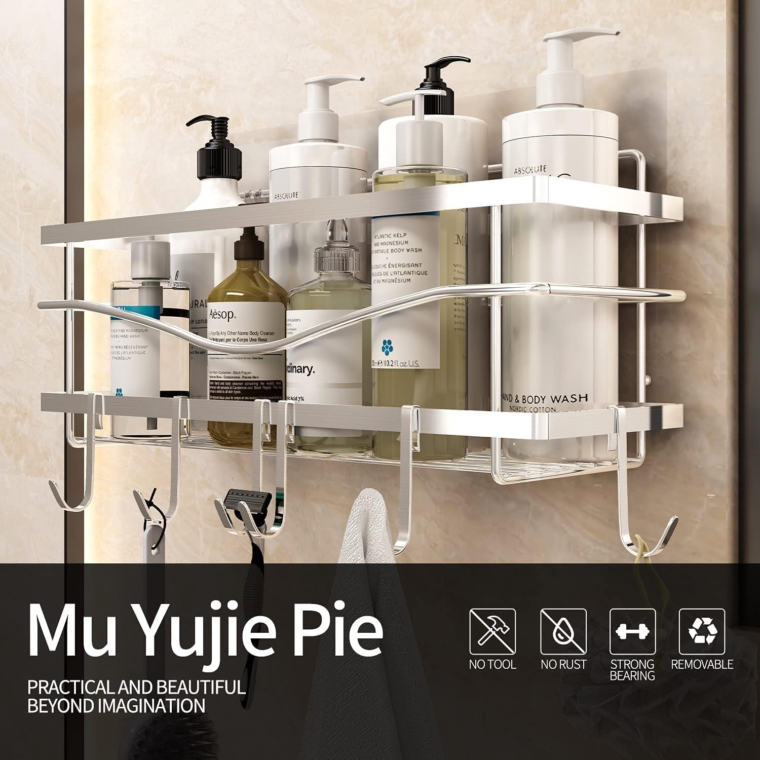 Muyu Jie Pie Shower Basket Rack, Wall-Mounted without Drilling, Shower Storage Rack SUS304 Stainless Steel Rack, with 6 Hooks Large Self-Adhesive Kitchen and Bathroom Storage Rack (Silver)