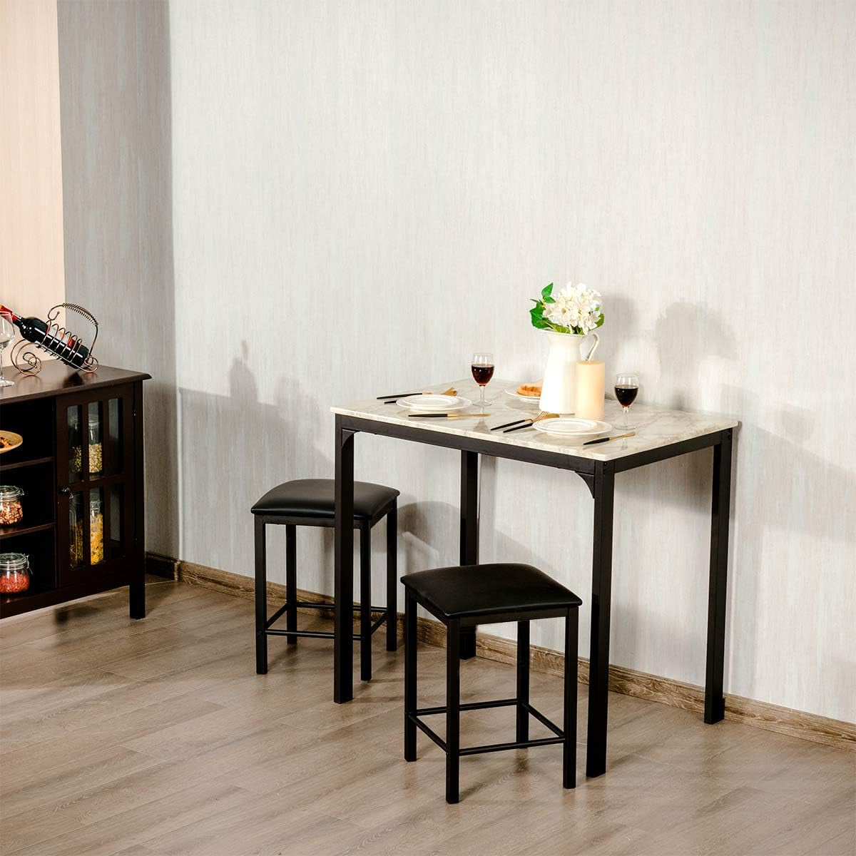 3 Pcs Dining Table and Chairs Set with Faux Marble Tabletop 2 Chairs Contemporary Dining Table Set for Home or Hotel Dining Room, Kitchen or Bar (White & Black)