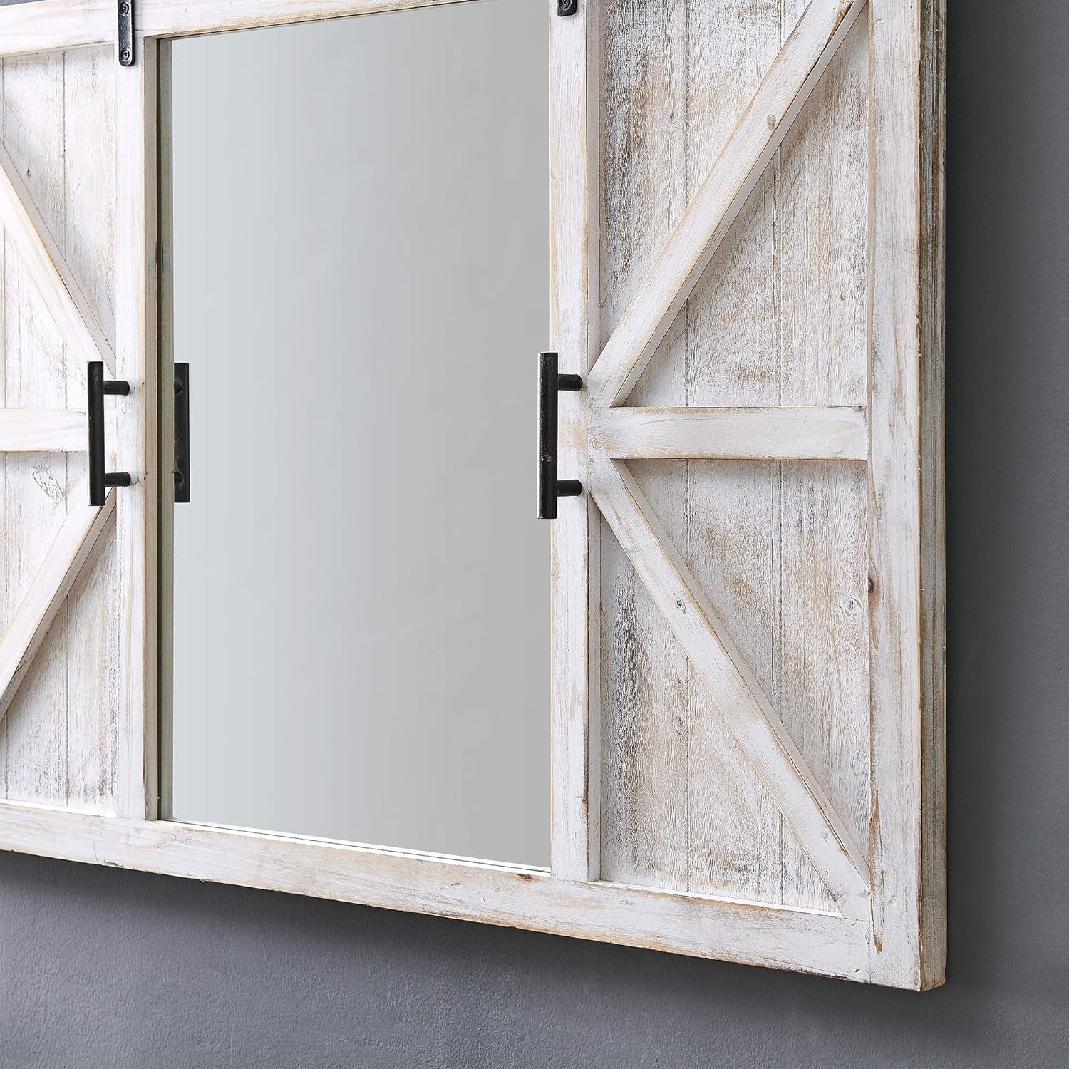 White Hayloft Barn Door Wall Mirror, Large Vintage Decor for for Bedroom, Bathroom Vanity, Wood, Farmhouse, 36 X 26 Inches