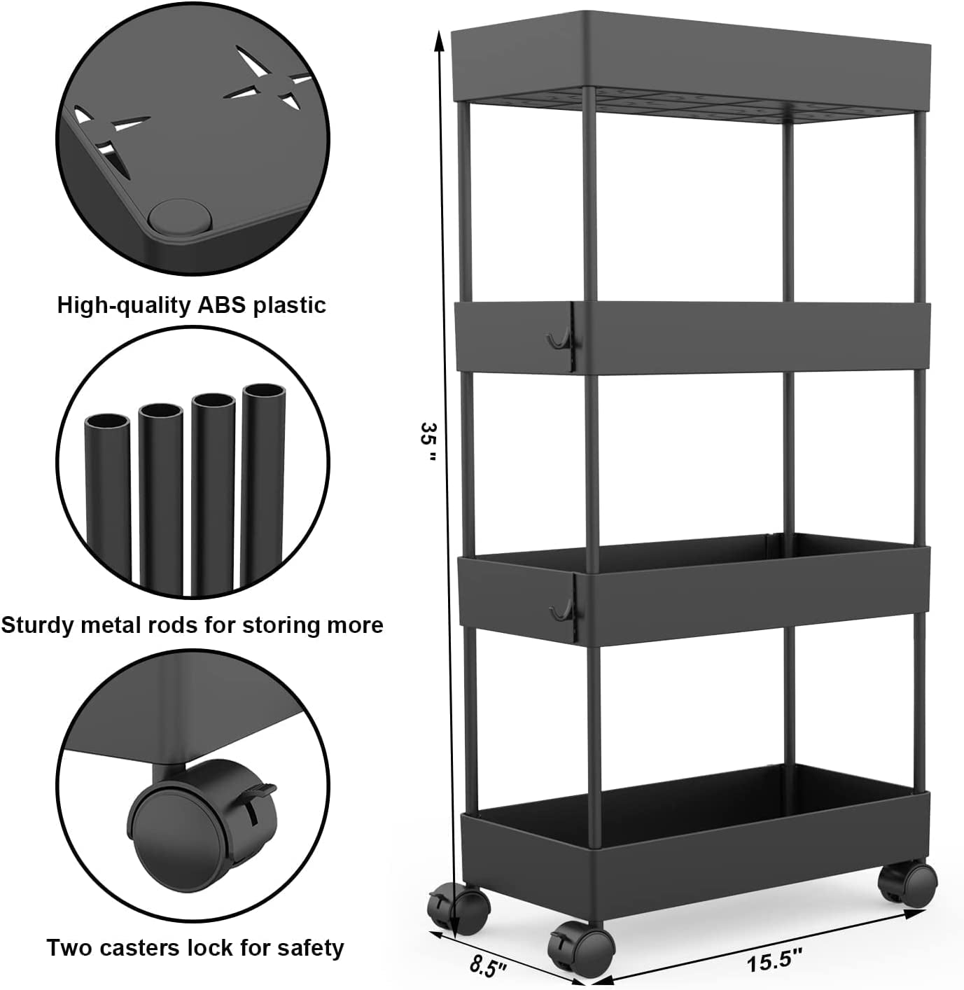 THVGUL Slim Storage Cart, 4 Tier Bathroom Storage Cart on Wheels Slide Out Storage Cart Bathroom Cart Organizer for Bathroom Laundry Narrow Space