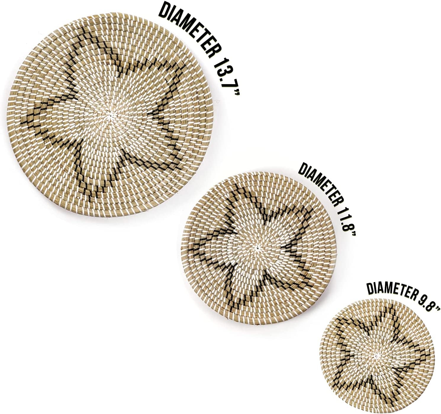 Woven Seagrass Wall Basket Decor Set of 3 Large, Hanging Natural Wicker Flat Baskets, Bowls, Bohemian Wall Decoration Perfect for Home Living Room and Bedroom, Handcrafted Wall Art Set