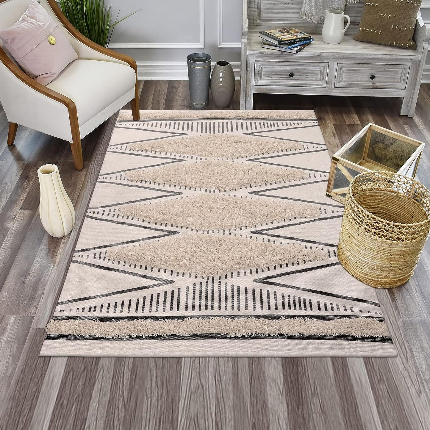 3' X 5' Boho Rug, Washable Tufted Cotton Geometric Bedroom Rug Hand Woven Farmhouse Tribal Floor Carpet Entryway Mat for Dining Room Living Room Bedroom