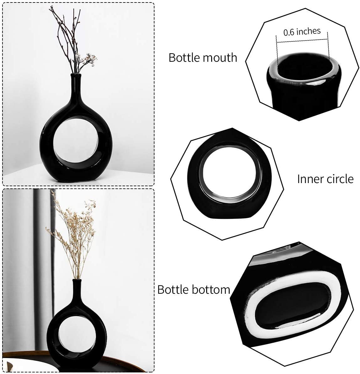 Samawi 10" Black Vase Black Ceramic Vase Black Decor Black Vase Set Black Flower Vase Black Vases for Decor Black Tall Vase Modern Living Room Decor Modern Vases for Home Decor Black Modern Vase