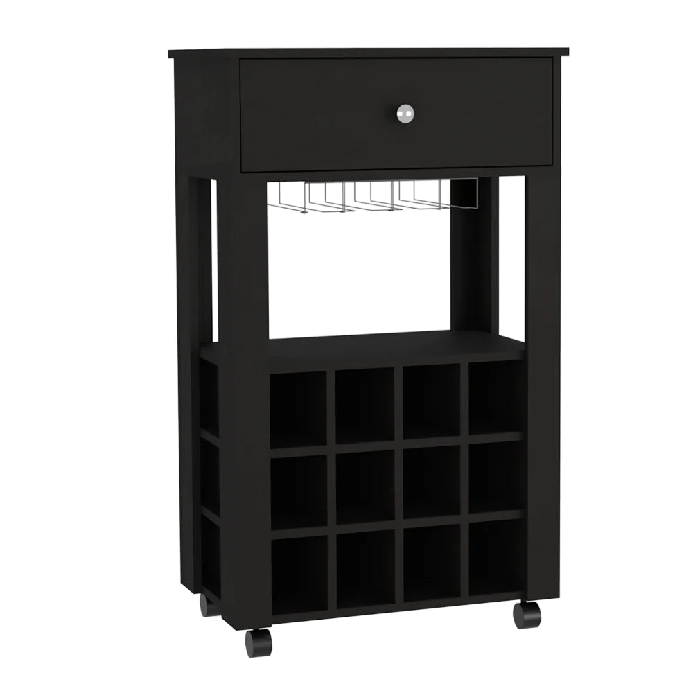 Bar Cart Bayamon, Twelve Wine Cubbies, Four Legs, Black Wengue Finish