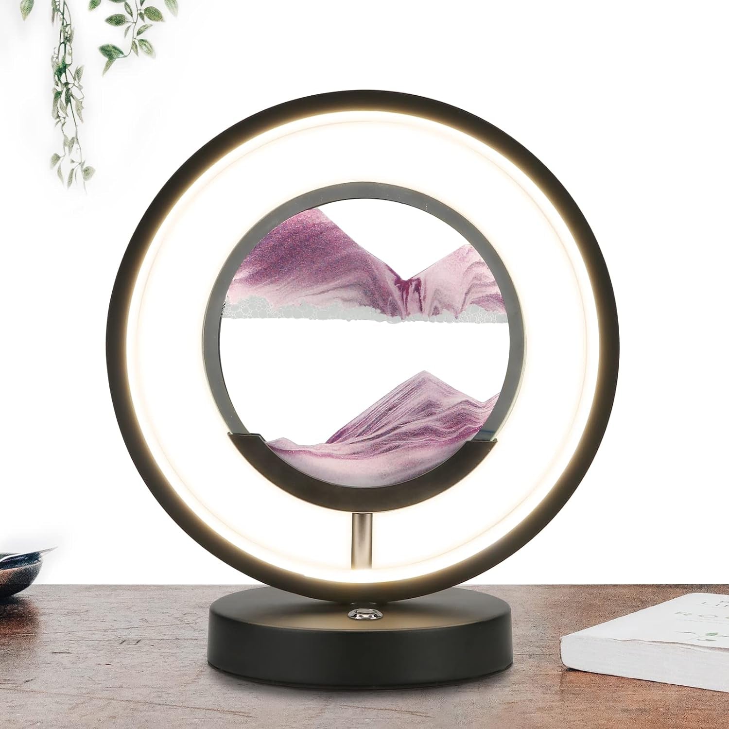 Moving Sand Art Picture 3D Glass Deep Sea Sand round Framed Art Sandscape, Touch Control Bedside Lamp with USB Port, Table Modern Lamp for Bedroom Dimmable Nightstand Desk Lamps