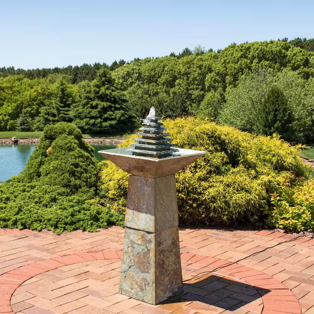 40 In. Layered Slate Pyramid Outdoor Cascading Water Fountain with LED Light