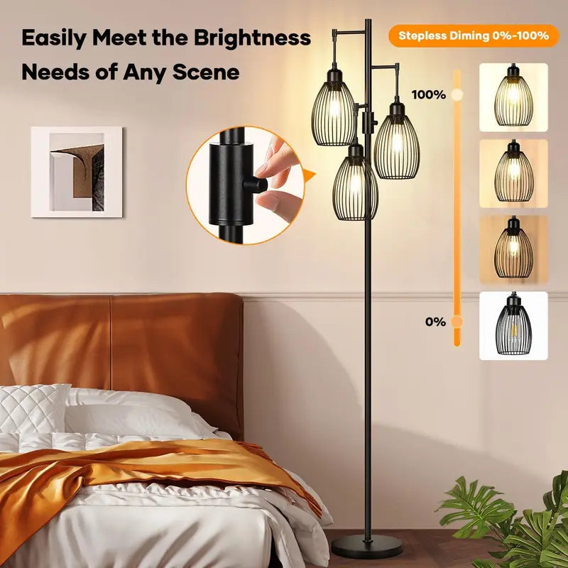 Dimmable Floor Lamp,3X800Lm LED Edison Bulbs Included, Farmhouse Industrial Floor Lamp Standing Tree Lamp with Elegant Teardrop Cage Tall Lamps for Living Room Bedroom Dining Room Floorlamp Modern Lamp Bedside Lamp White Bulb Included Dining Room Ledlight