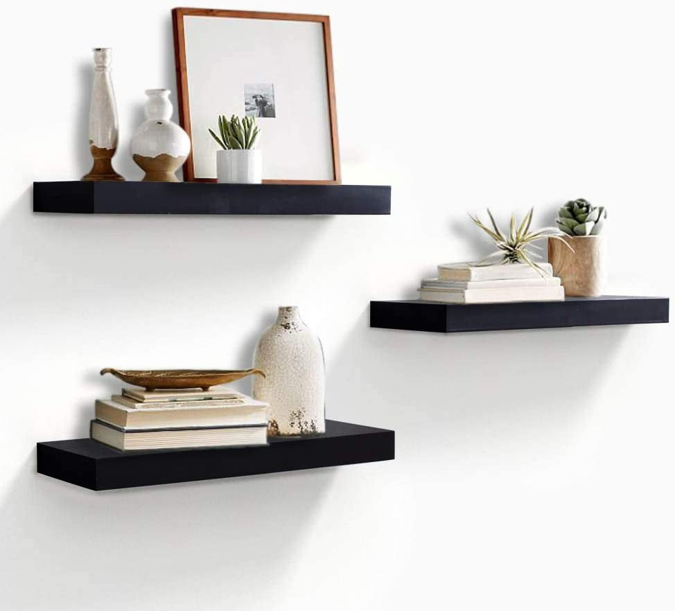 Black Floating Shelves Wall Display Ledge Shelf, Perfect for Bedroom, Bathroom, Living Room and Kitchen Storage, Set of 3, 5.9" Deep