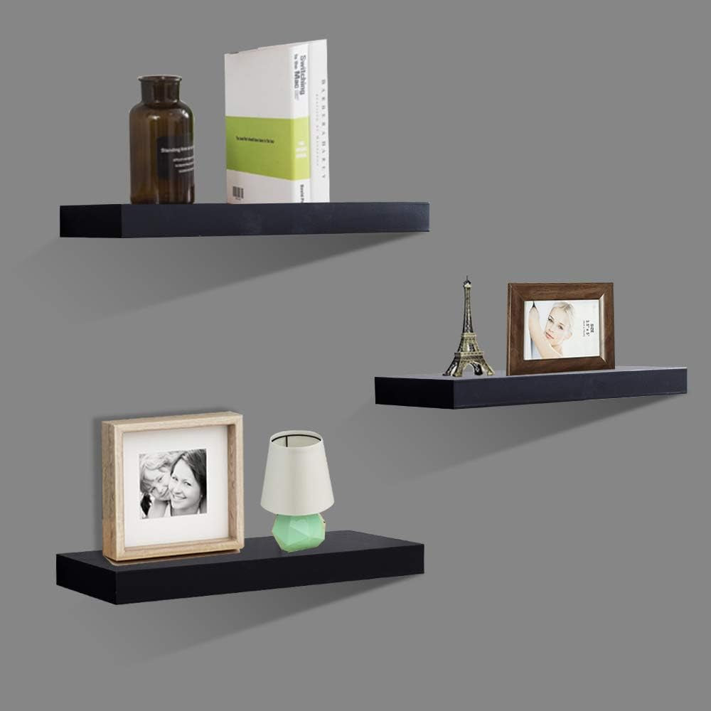 Black Floating Shelves Wall Display Ledge Shelf, Perfect for Bedroom, Bathroom, Living Room and Kitchen Storage, Set of 3, 5.9" Deep