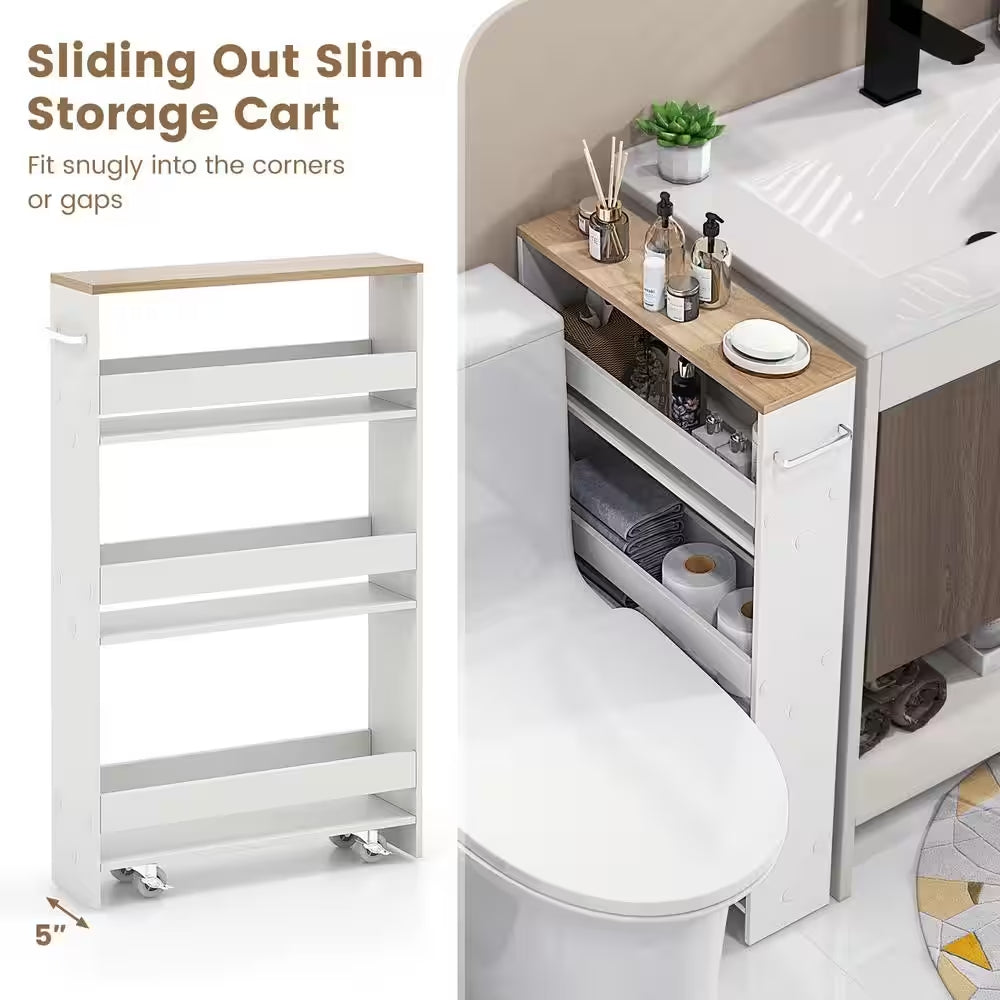 Rolling Kitchen White Slim Storage Cart Mobile Shelving Organizer with Handle