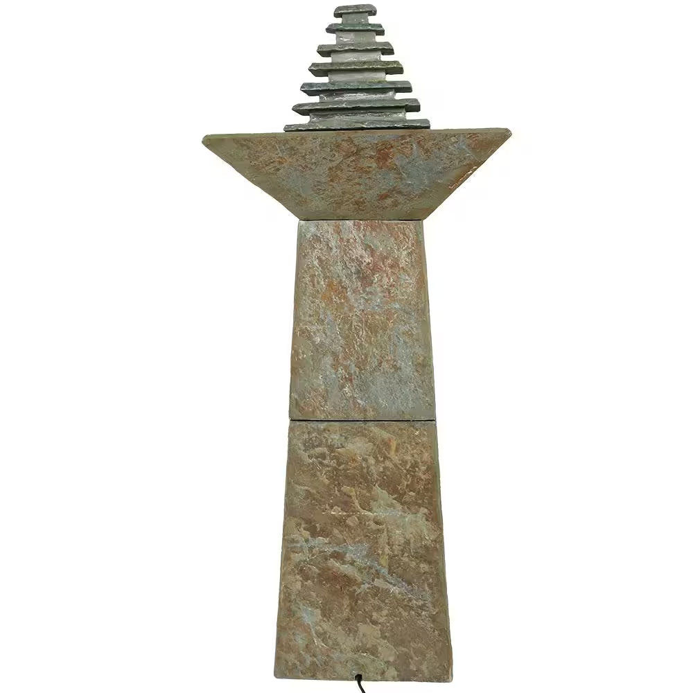 40 In. Layered Slate Pyramid Outdoor Cascading Water Fountain with LED Light