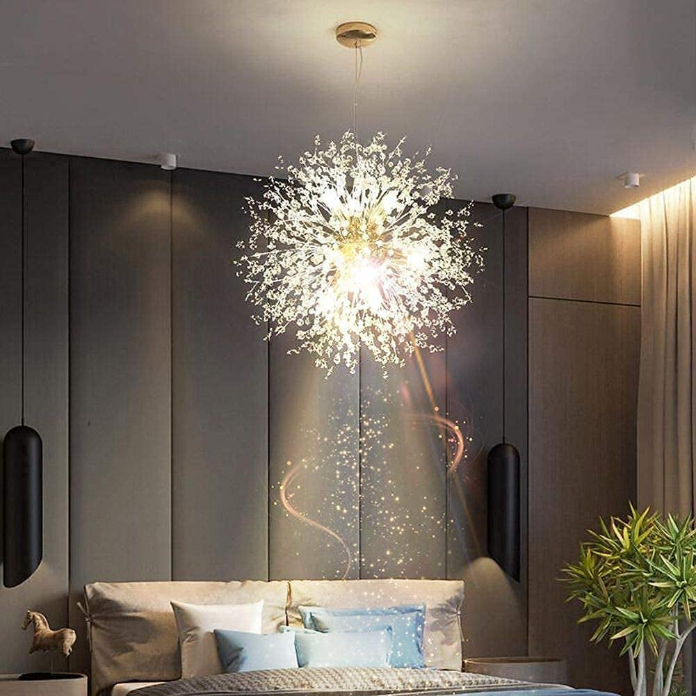 Firework Chandelier,Gold Crystal Chandeliers,12-Lights Sputnik Dandelion Chandelier Pendant Lighting,Ceiling Hanging Light Fixture for Dining Room,Living Room,Bathroom,Bedroom,Kitchen