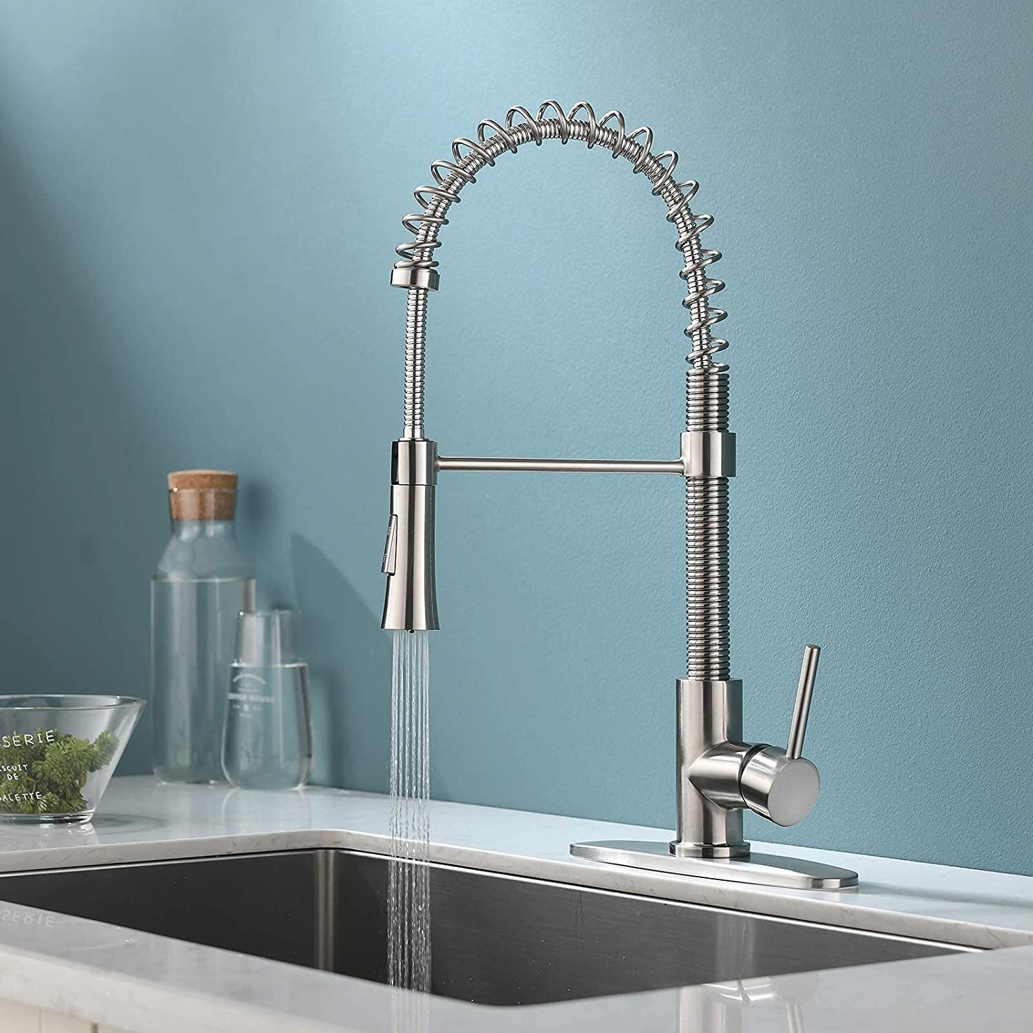 Kitchen Faucet with Pull down Sprayer, Commercial Utility Stainless Steel High Arc Single Handle Kitchen Sink Faucet with Sprayer Modern Farmhouse Spring Kitchen Faucets