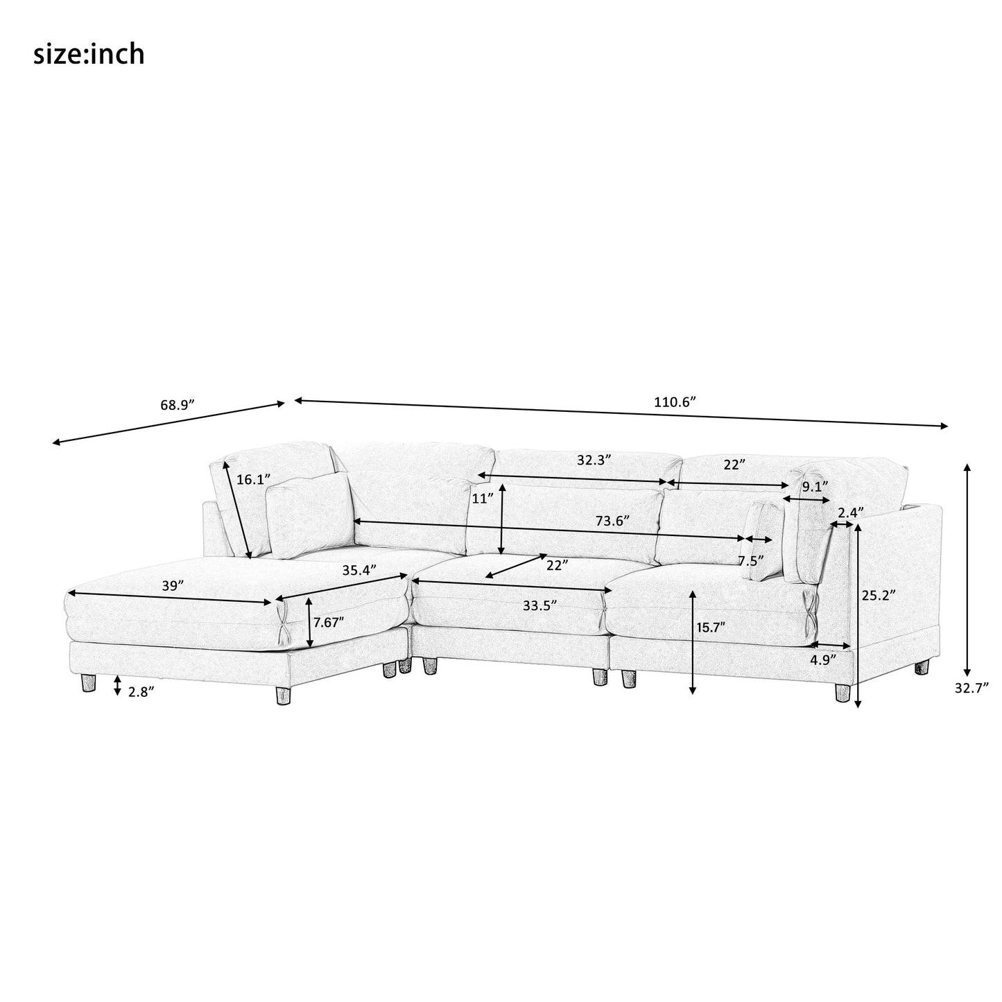 2 Pieces L shaped Sofa with Removable Ottomans and comfortable waist