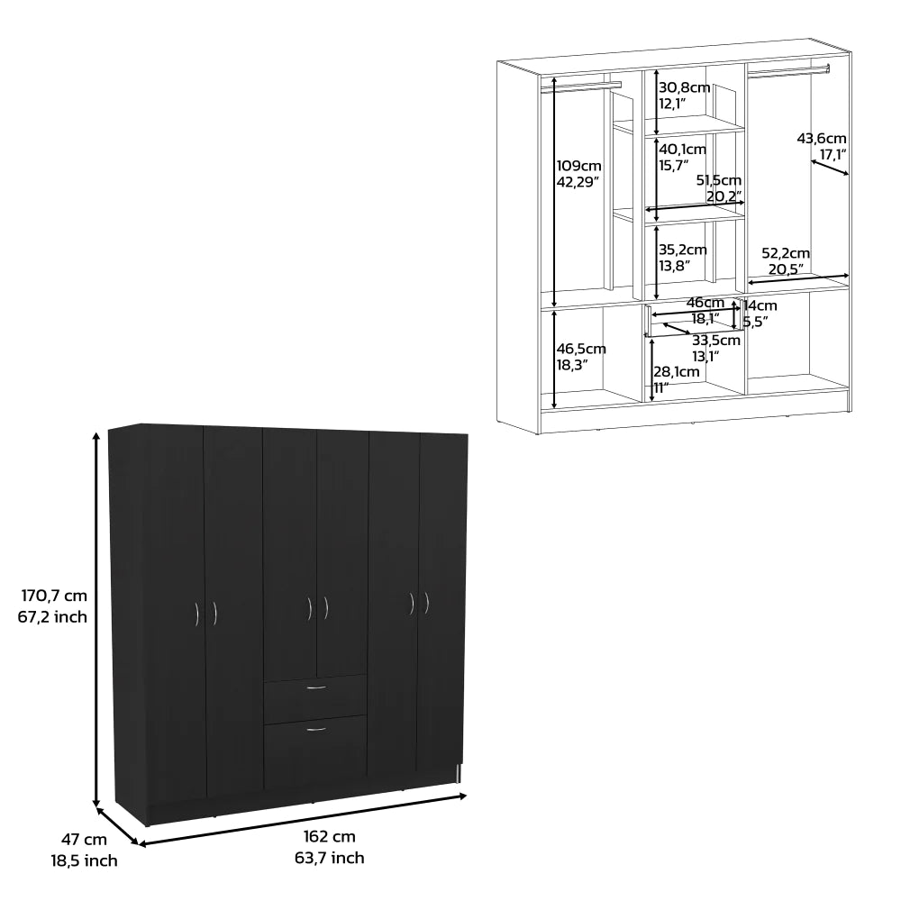 Six Doors Armoire Maya, One Drawer, Black Wengue / White Finish