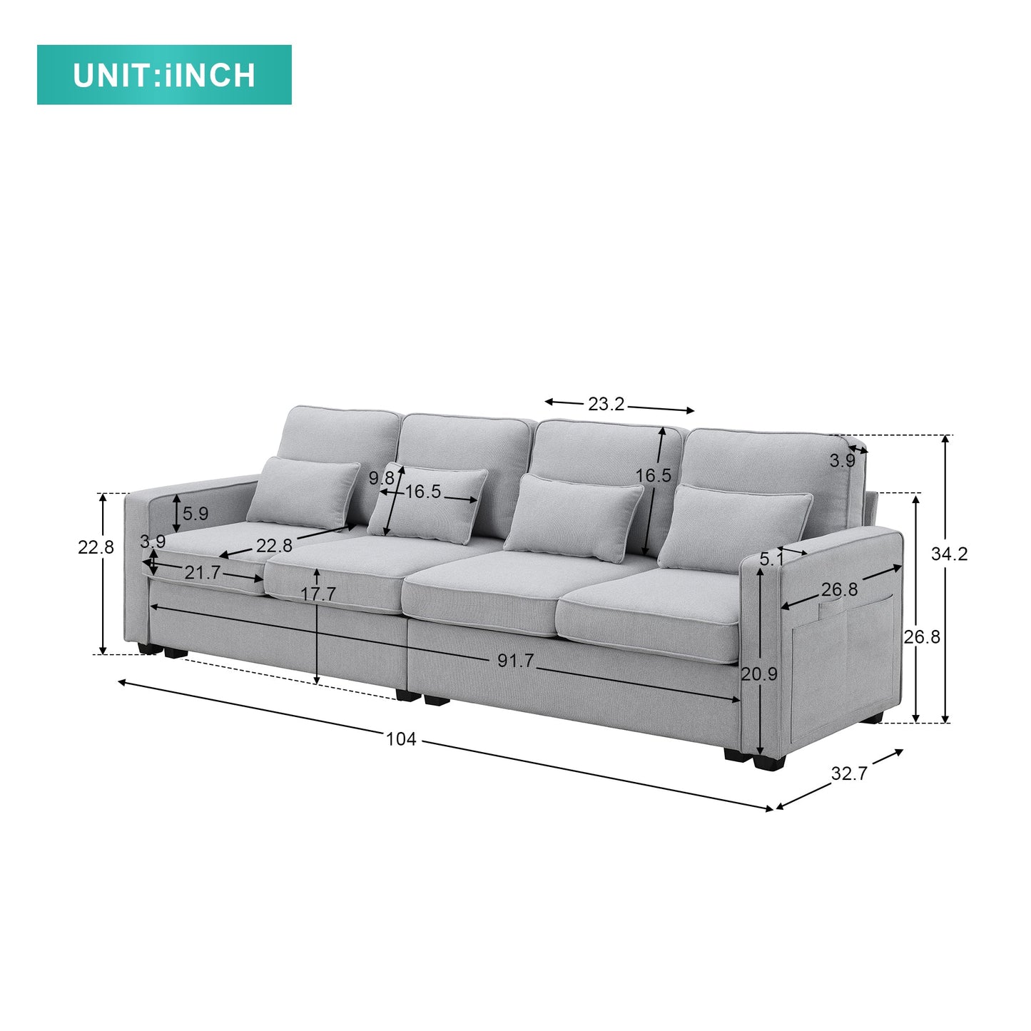 104" 4-Seater Modern Linen Fabric Sofa with Armrest Pockets and 4