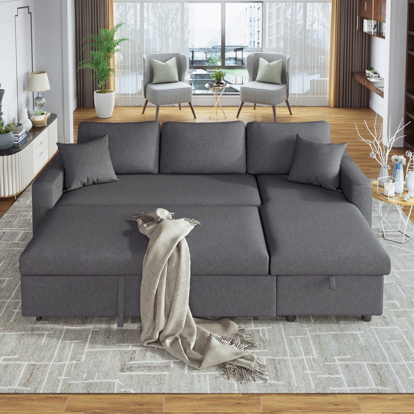 Upholstery  Sleeper Sectional Sofa Grey with Storage Space, 2 Tossing