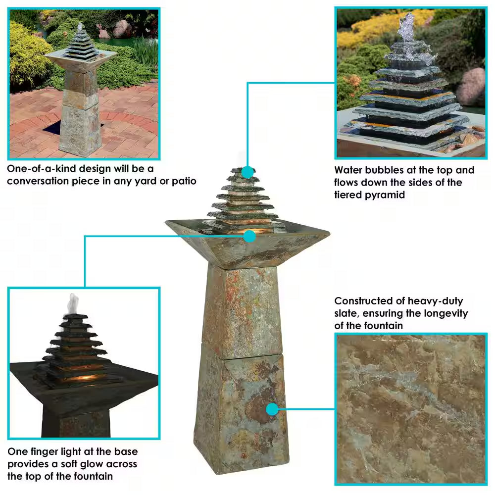 40 In. Layered Slate Pyramid Outdoor Cascading Water Fountain with LED Light