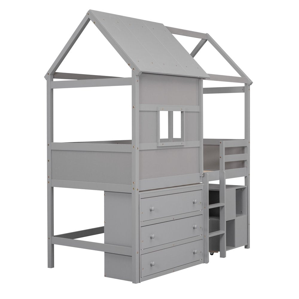 Wood Twin Size Loft Bed with Movable Desk for Kids, Low Profile Loft Bed with Storage Shelf and Drawers for Kids Teens Adults, House Bed with Roof and Window, Gray