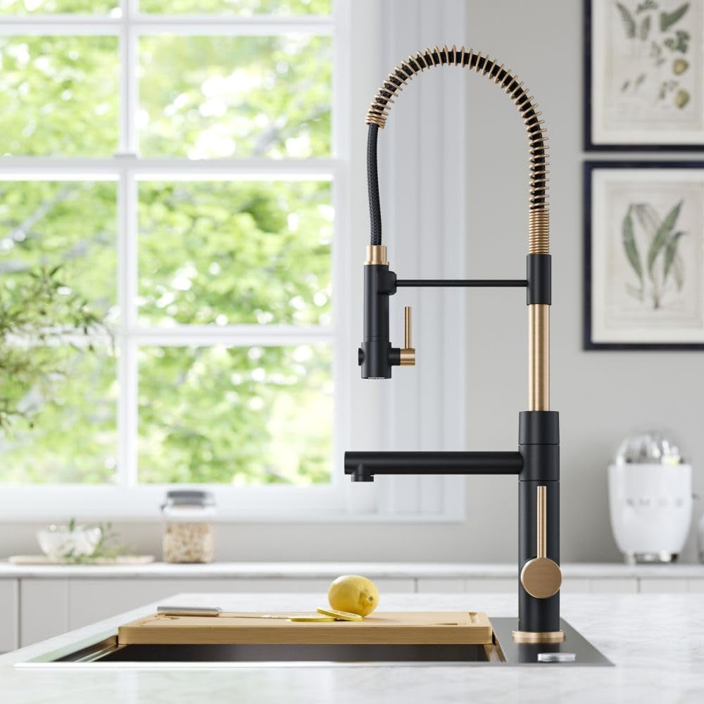 Artec Pro (1 St Gen) Commercial Style Pre-Rinse Single Handle Kitchen Faucet (No Pull Down) with Pot Filler in Spot Free Antique Champagne Bronze/Matte Black, KPF-1603SFACBMB