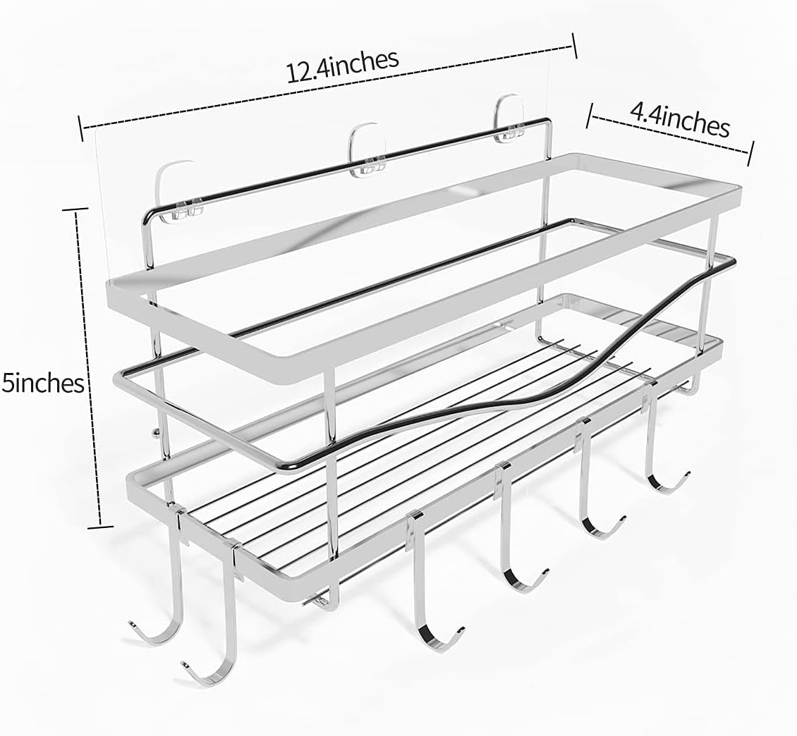 Muyu Jie Pie Shower Basket Rack, Wall-Mounted without Drilling, Shower Storage Rack SUS304 Stainless Steel Rack, with 6 Hooks Large Self-Adhesive Kitchen and Bathroom Storage Rack (Silver)