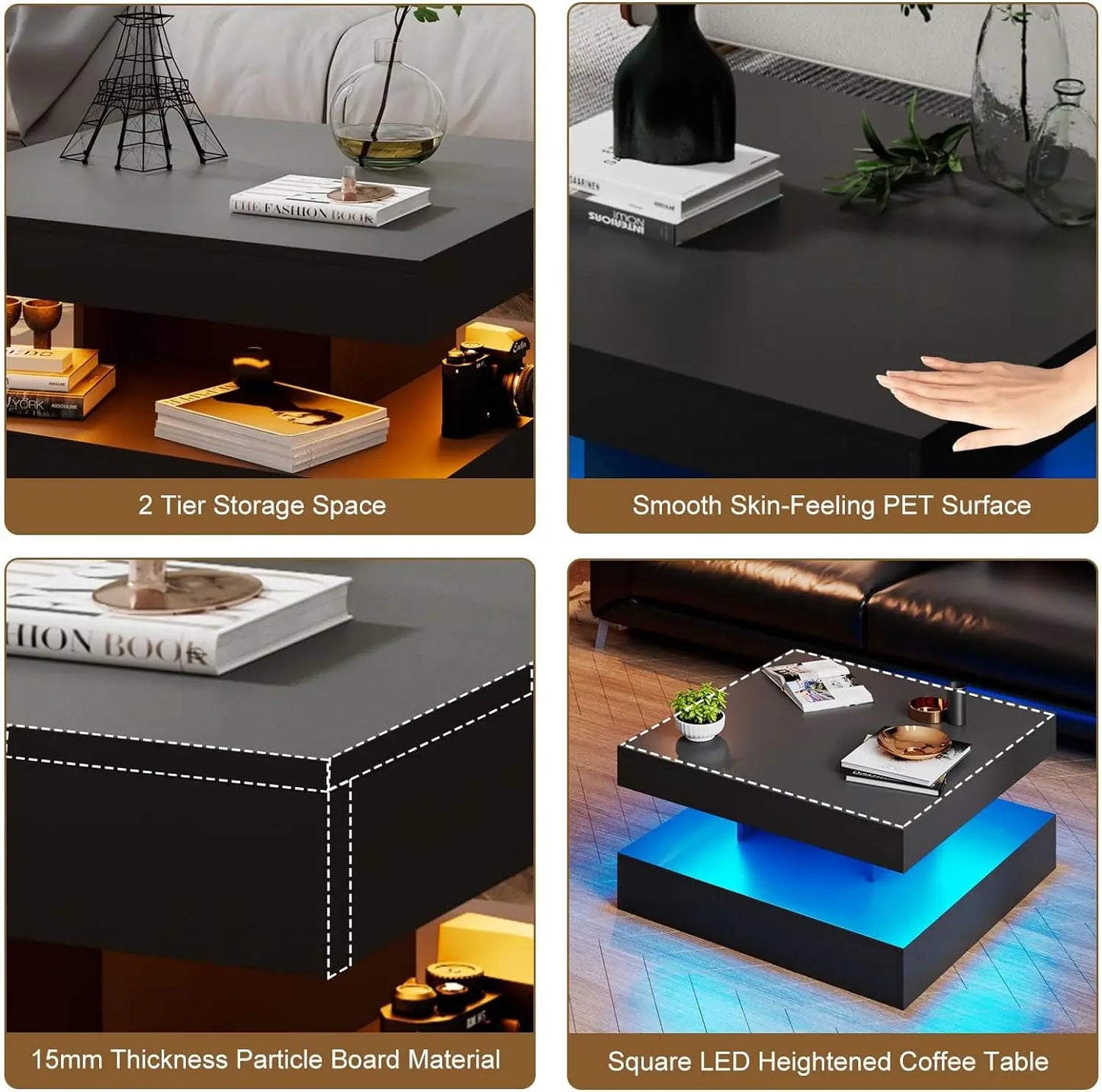 LED Coffee Table with Storage for Living Room Modern Smart Tall Square Center Table 2 Tier Display Shelf 20 Colors Light Wood