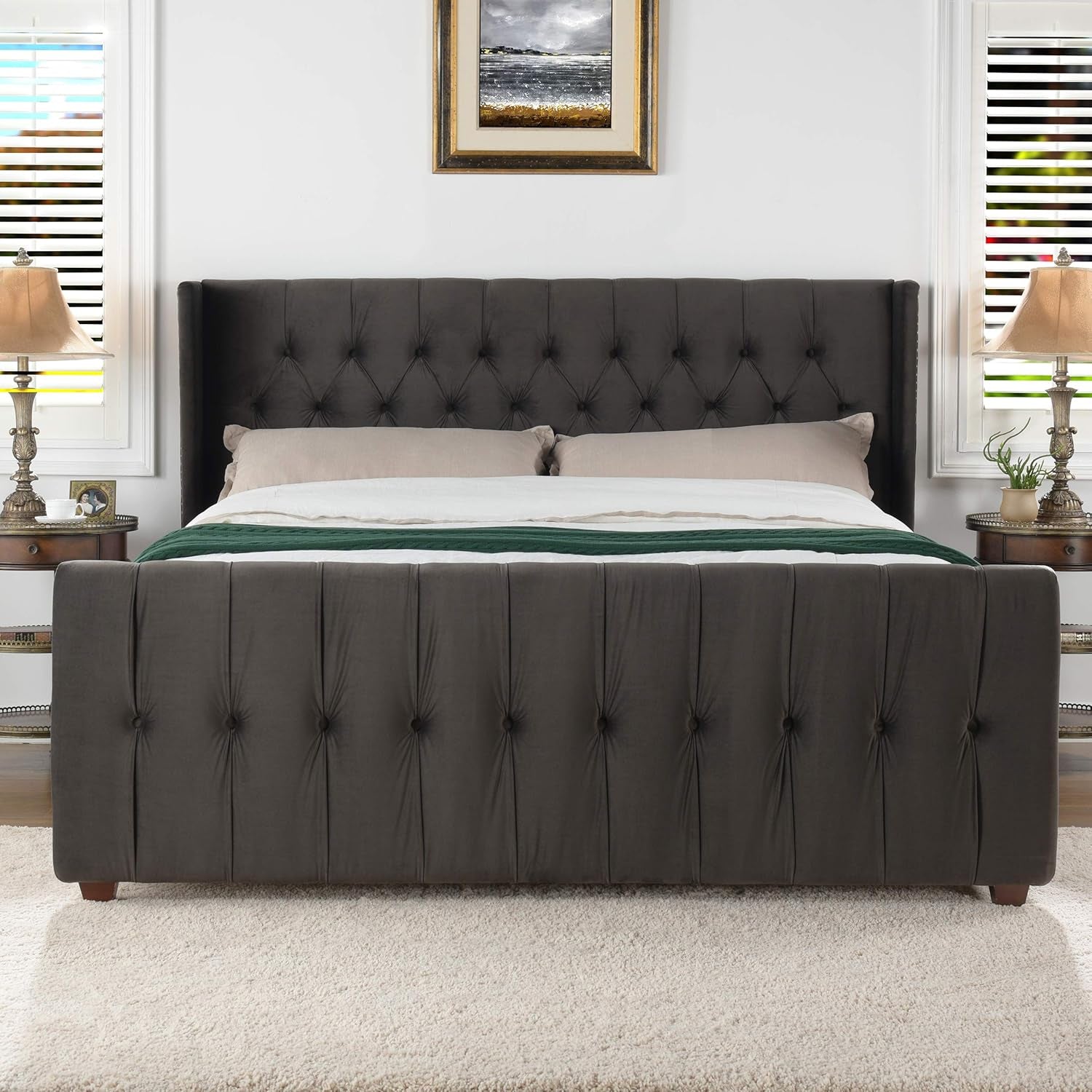 David Tufted Wingback King Bed, Dark Charcoal Grey Velvet