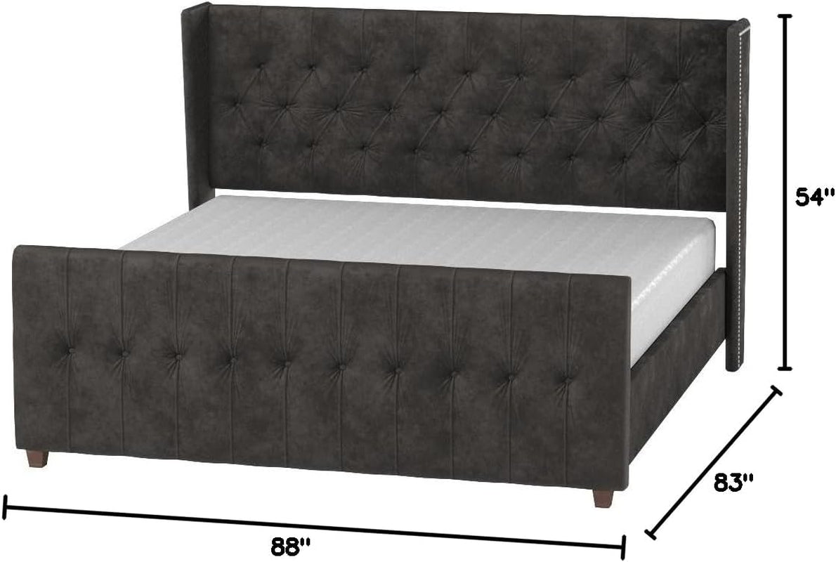 David Tufted Wingback King Bed, Dark Charcoal Grey Velvet