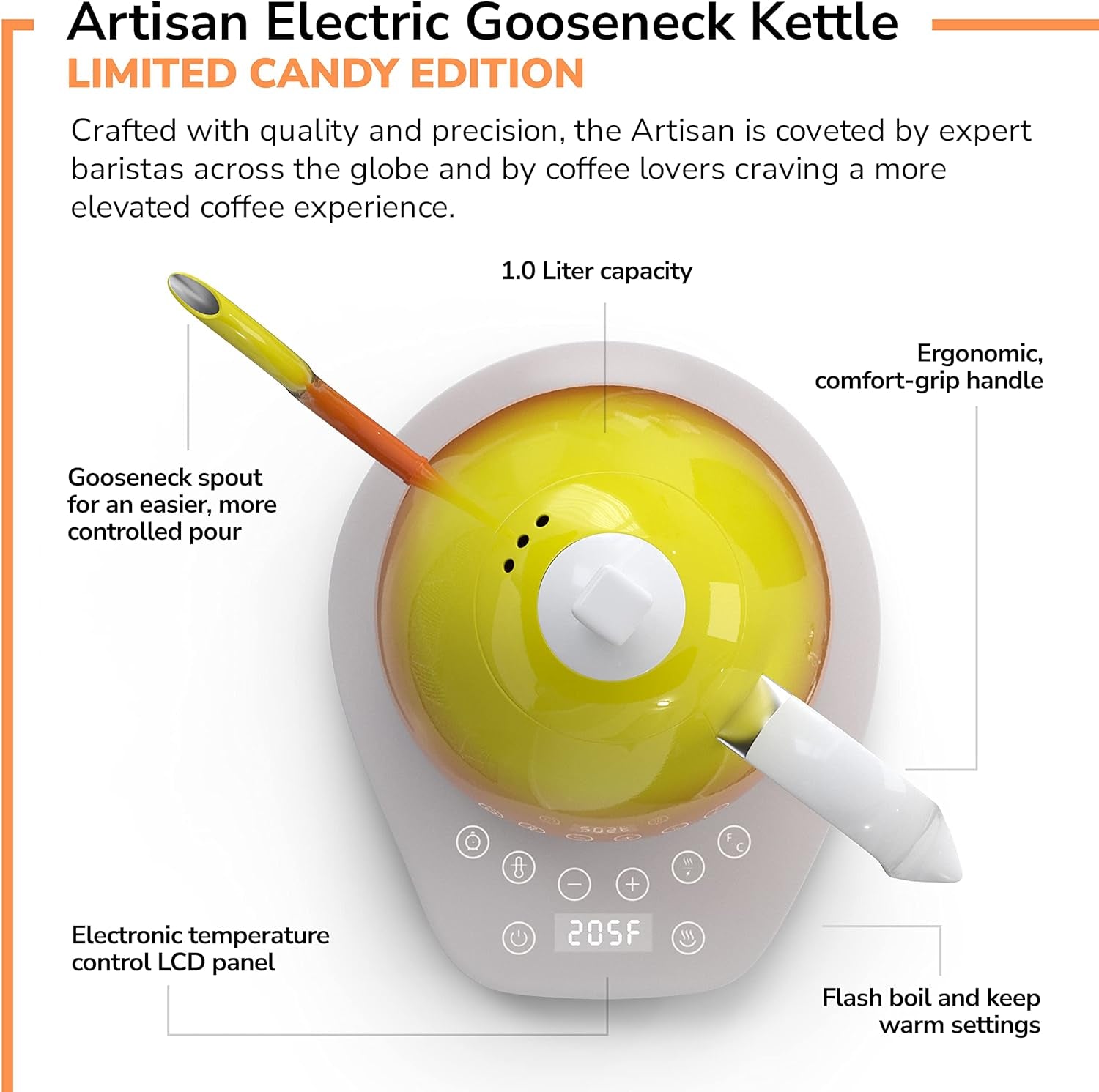 Artisan Electric Gooseneck Kettle, 1 Liter, for Pour over Coffee, Brewing Tea, LCD Panel, Precise Digital Temperature Selection, Flash Boil and Keep Warm Settings (Candy Orange)