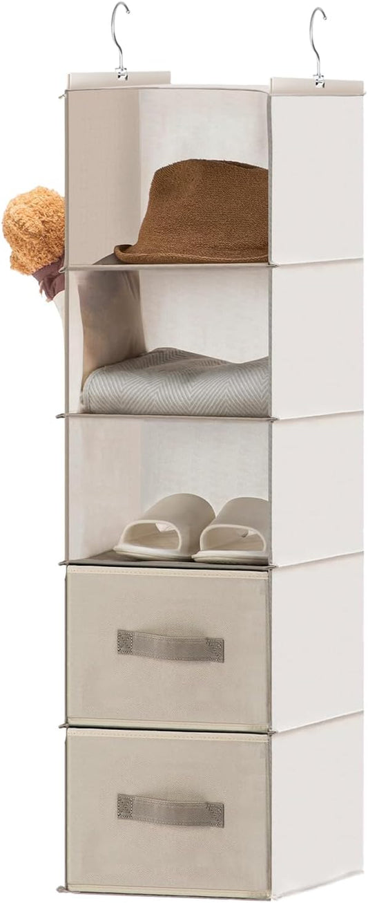 Hanging Closet Organizer, 5-Shelf Closet Hanging Storage Shelves with Drawers, Beige