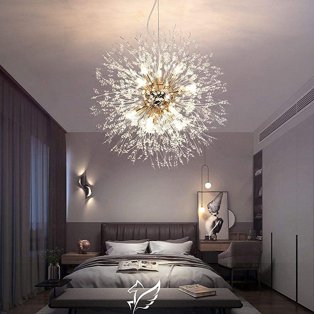 Firework Chandelier,Gold Crystal Chandeliers,12-Lights Sputnik Dandelion Chandelier Pendant Lighting,Ceiling Hanging Light Fixture for Dining Room,Living Room,Bathroom,Bedroom,Kitchen