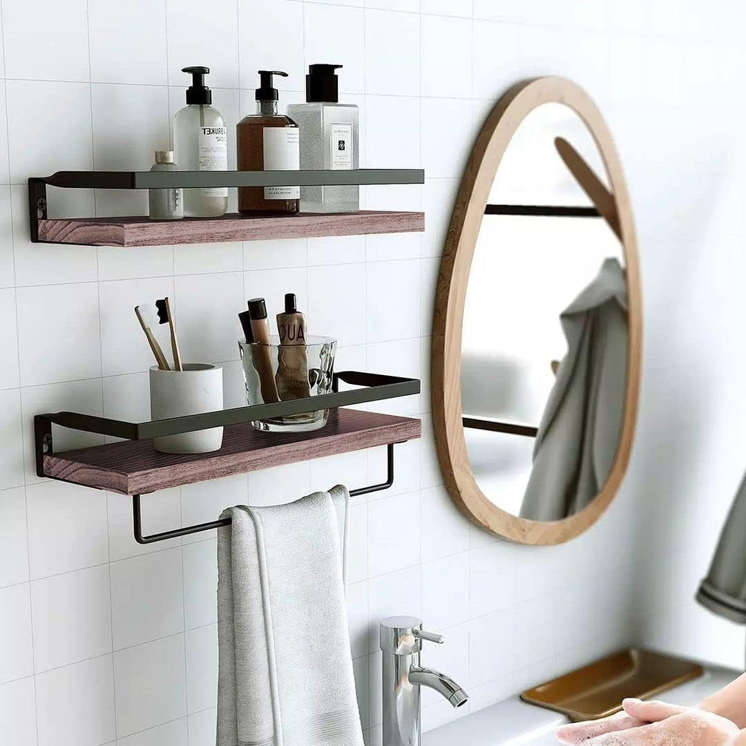 Rustic Wood Floating Shelf with Towel Rack - Perfect for Kitchen and Bathroom