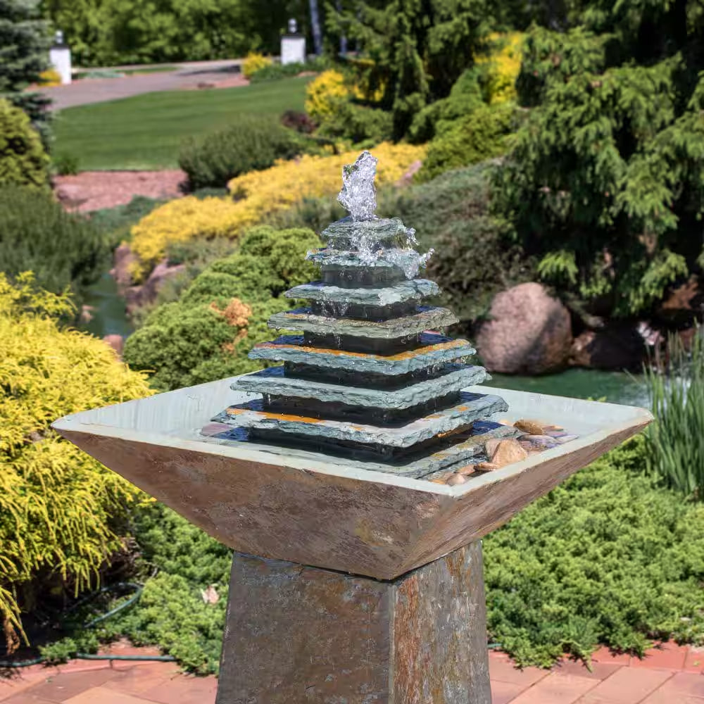 40 In. Layered Slate Pyramid Outdoor Cascading Water Fountain with LED Light