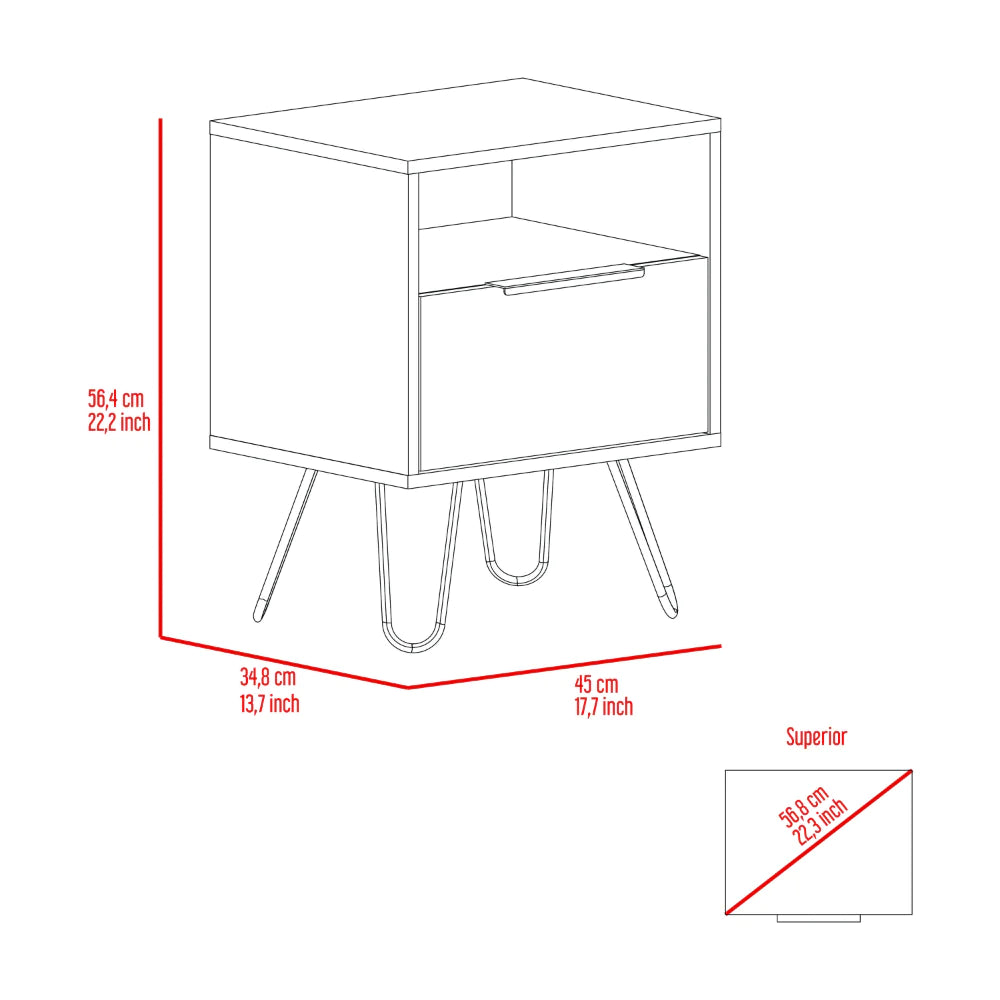 Nightstand Skyoner, Single Drawer, Hairpin Legs, Smokey Oak Finish