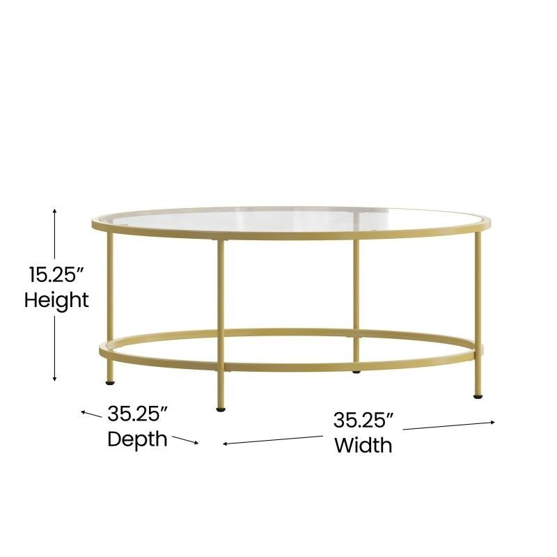 Astoria Collection round Coffee Table - Modern Clear Glass Coffee Table with Brushed Gold Frame