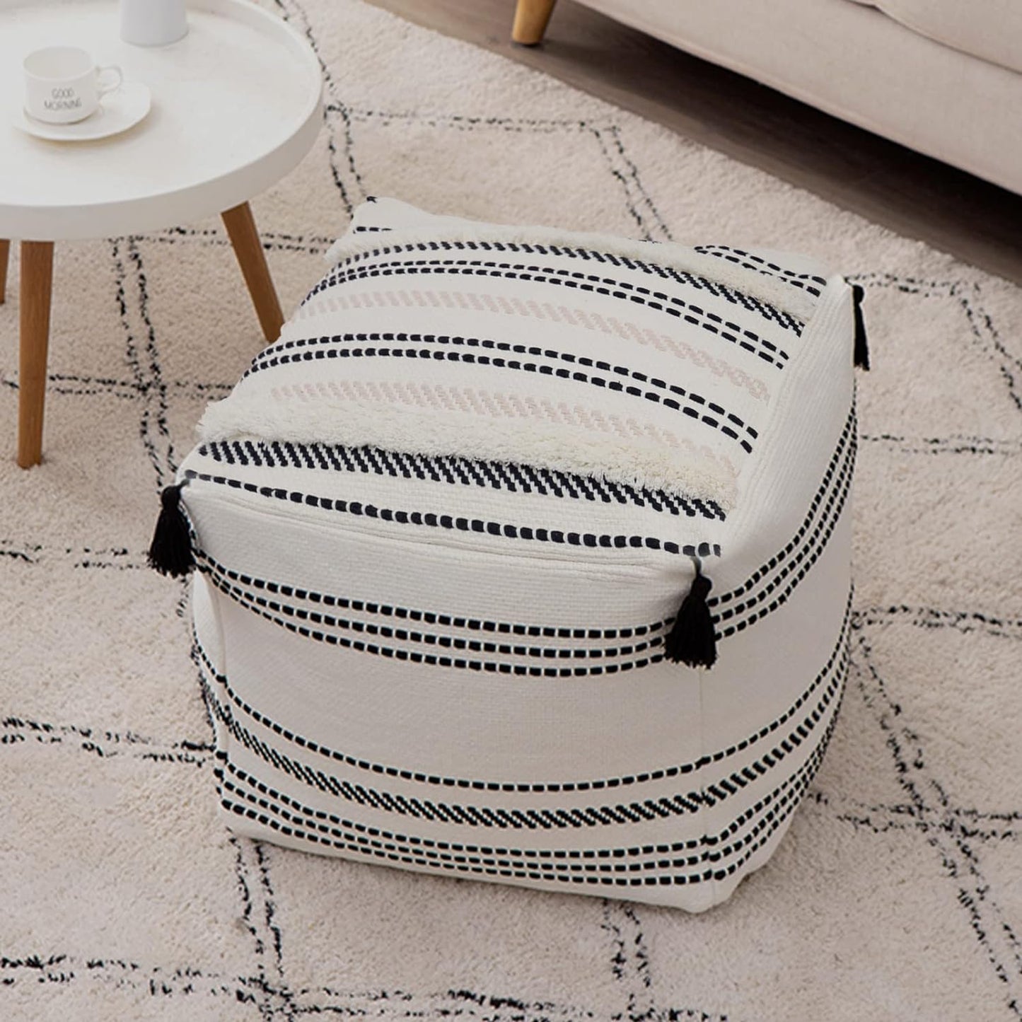 Unstuffed Ottoman Pouf, Square and Striped, Morocco Tufted Boho Foot Rest, Pouf Cover with Big Tassels, Decorative Stool for Bedroom and Living Room, (18X18X16 Inches, Black and Cream)