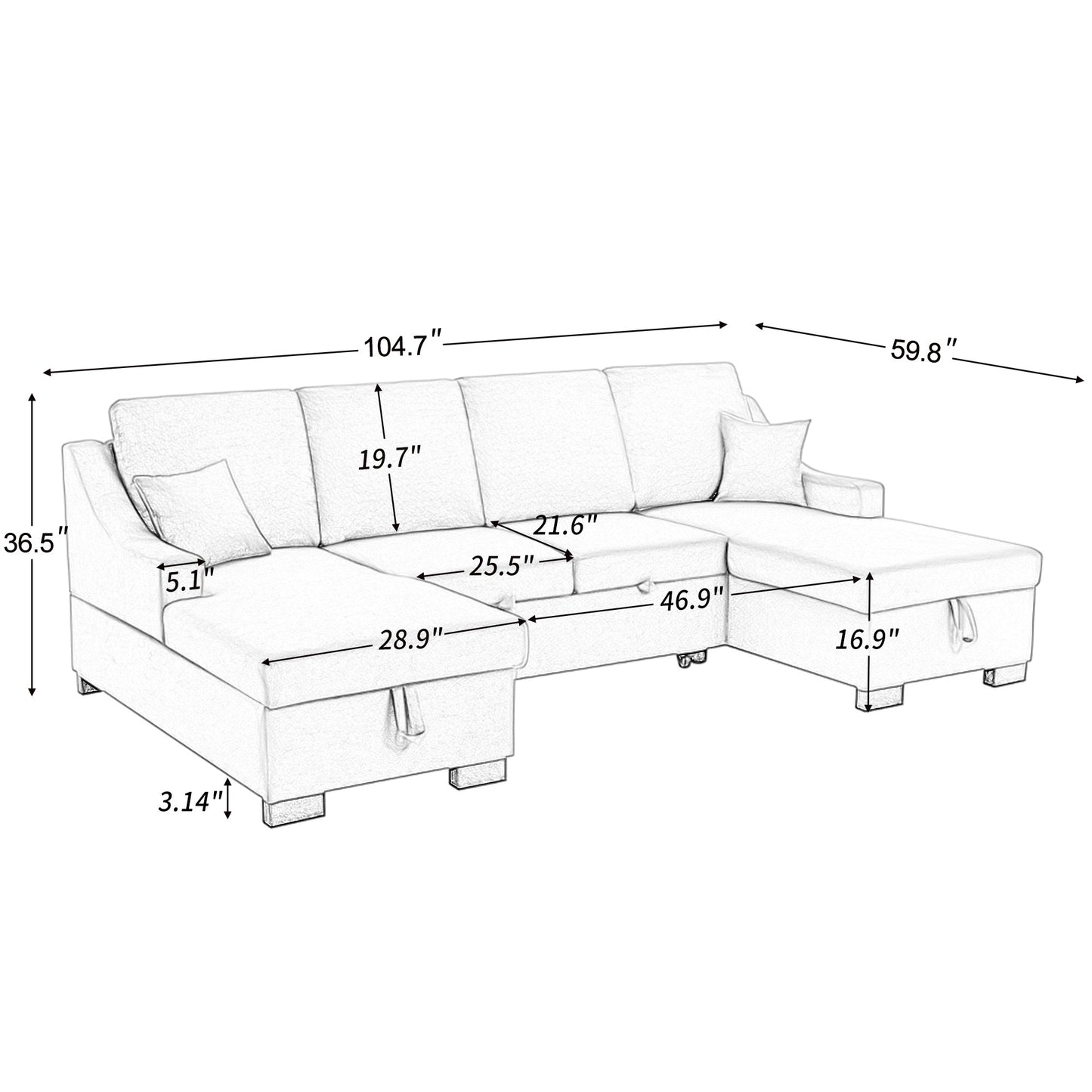 Upholstery Sleeper Sectional Sofa with Double Storage Spaces, 2