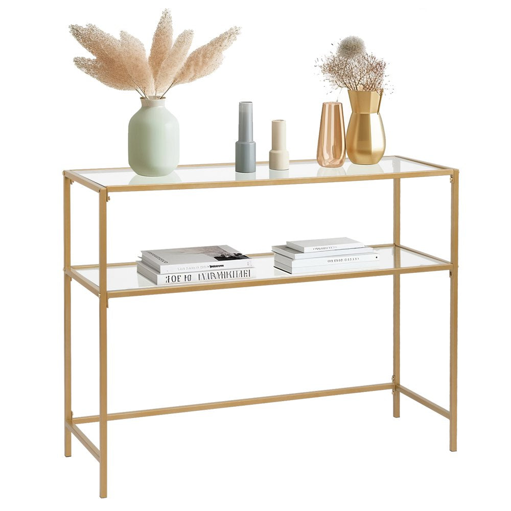 2-Tier Glass Console Sofa Table, Modern Entryway Living Room Table with Tempered Glass Shelf Accent Table for Home Decor, Gold