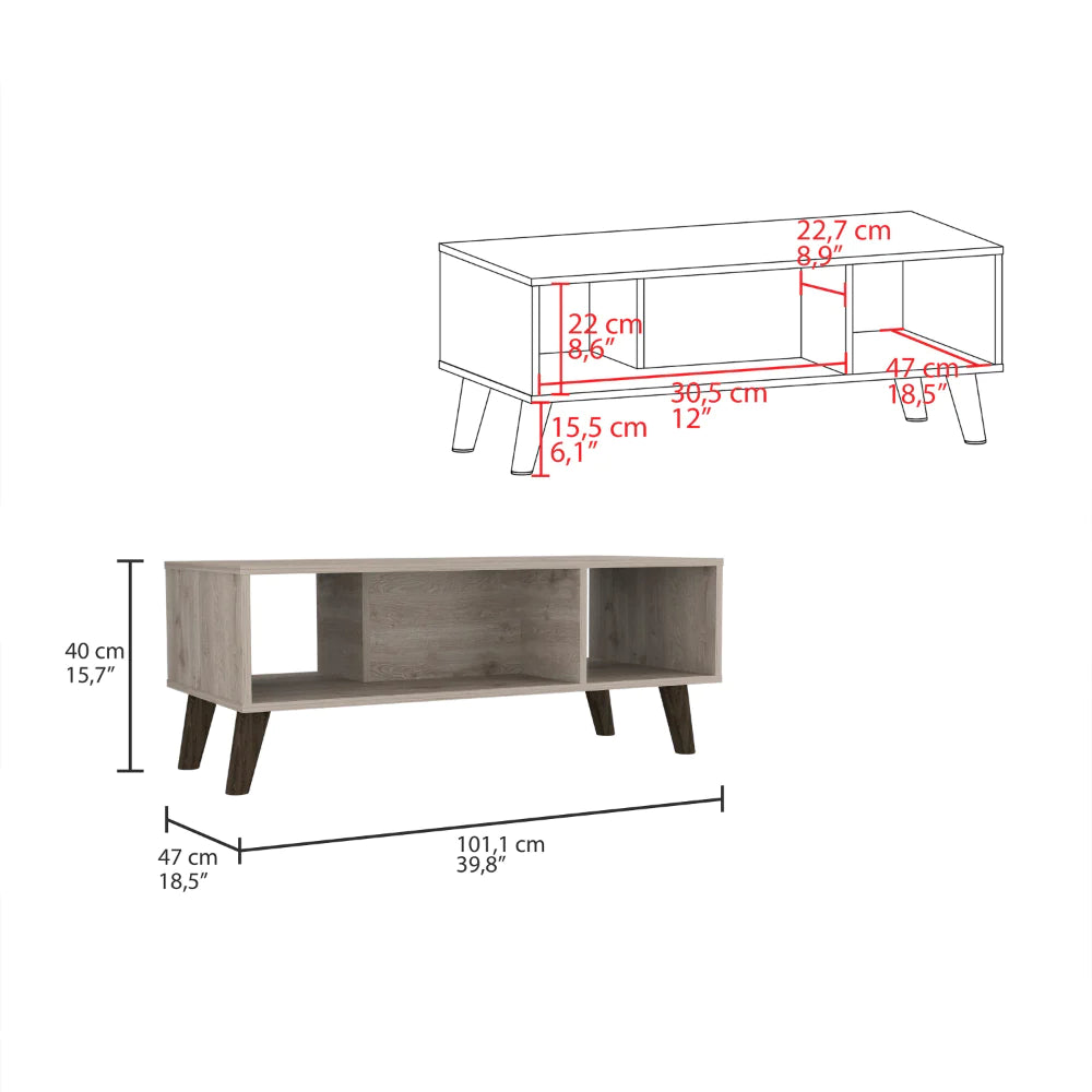 Coffee Table Plex, Two Open Shelves, Four Legs, Light Gray Finish