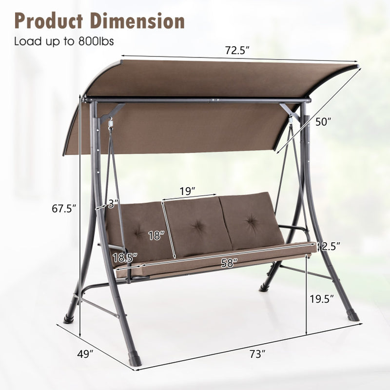 3-Seat Outdoor Porch Swing with Adjustable Canopy and Padded Cushions