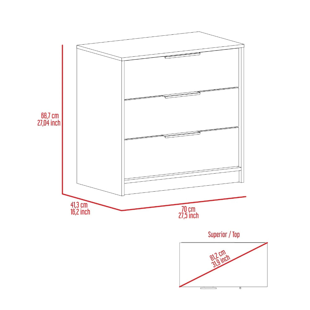 3 Drawers Dresser Maryland, Superior Top, Smokey Oak / White Finish