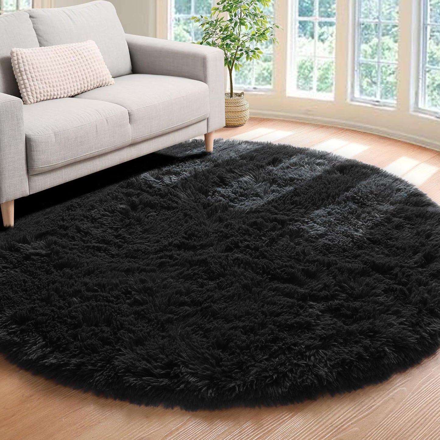 Black round Area Rug 6X6, Ultra Soft Bedroom Circle Rugs for Kids Girls Boys Teen Room, Fluffy Plush Shaggy Carpet Floor Mats for Baby Nursery Living Room Playroom Dorm Home Decor