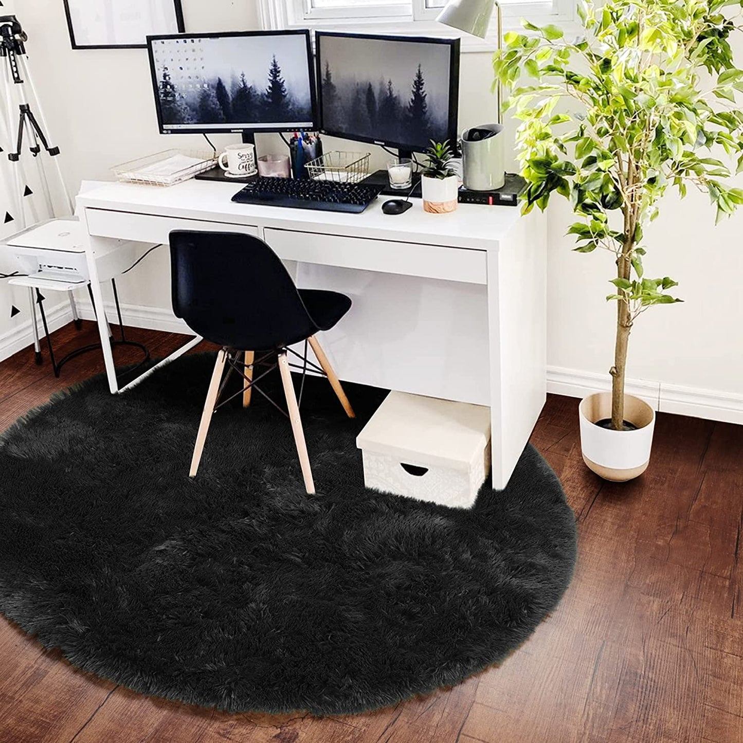 Black round Area Rug 6X6, Ultra Soft Bedroom Circle Rugs for Kids Girls Boys Teen Room, Fluffy Plush Shaggy Carpet Floor Mats for Baby Nursery Living Room Playroom Dorm Home Decor