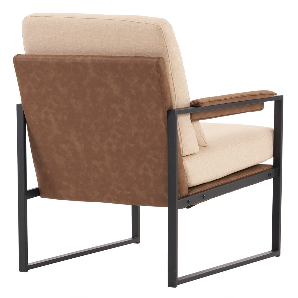 Accent Chair Lounge Armchair Modern Linen Fabric Upholstered Single Sofa with Black Coated Metal Frame Beige and Coffee