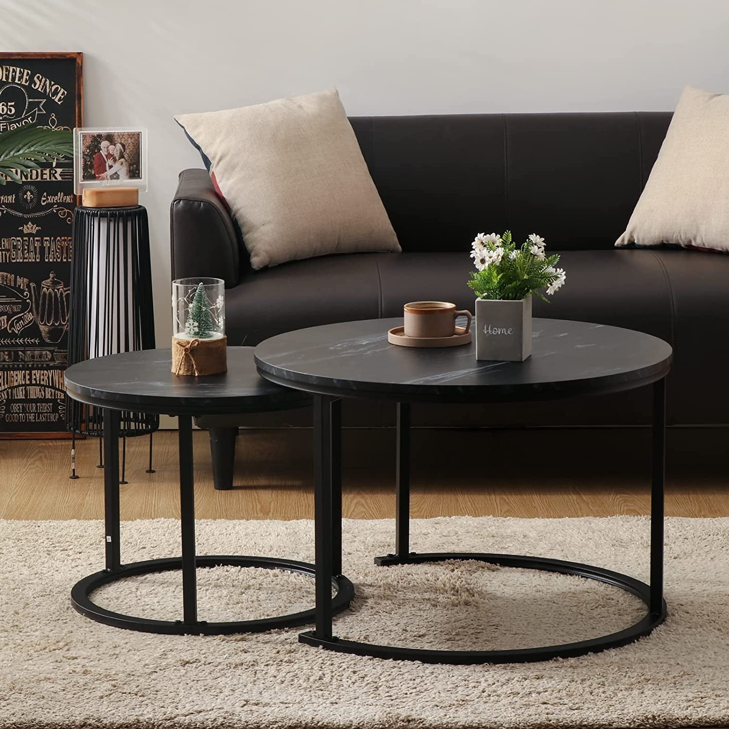 Small round Nesting Coffee Table 27" Wood and Metal Stacking Coffee Tables for Compact Spaces, Black/White